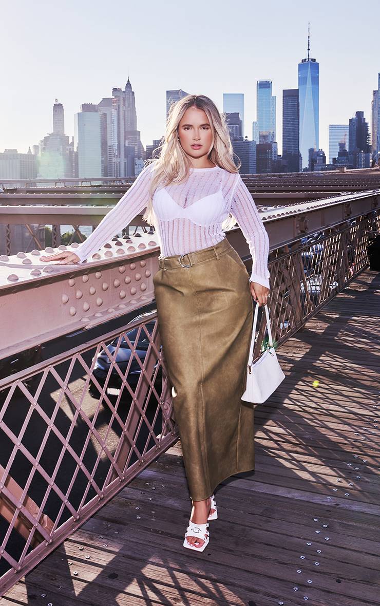 Vert Olive Jupe Longue Premium En Synthétiquecuir Effet Vieilli Avec Ceinture