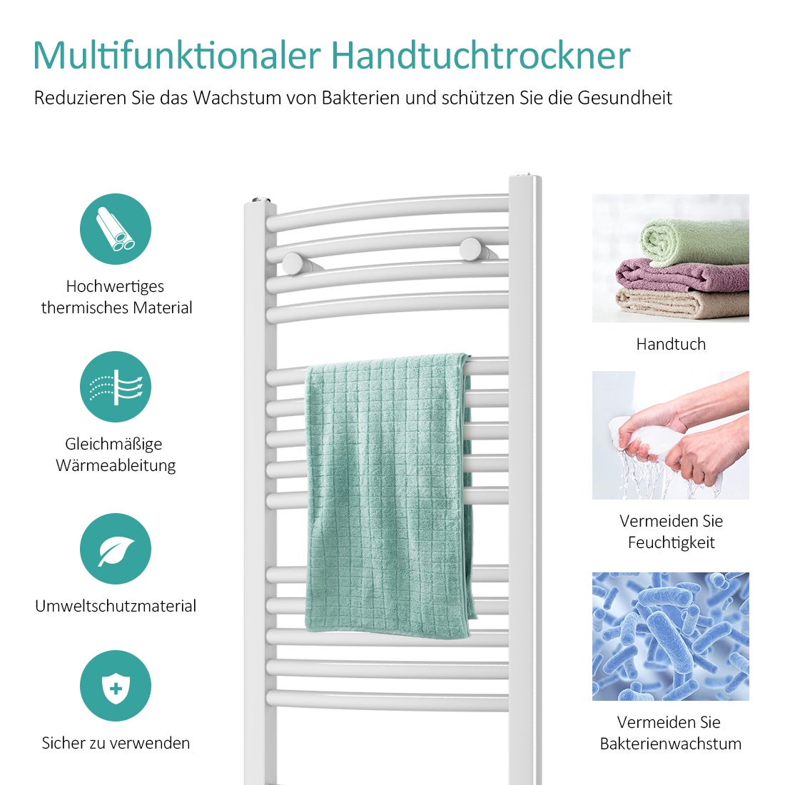 EMKE Elektrische Badkamerradiator Handdoekwarmer met Thermostaat Gebogen 120x60cm 600 Watt Witte Handdoekdroger Handdoekradiator Badkamer