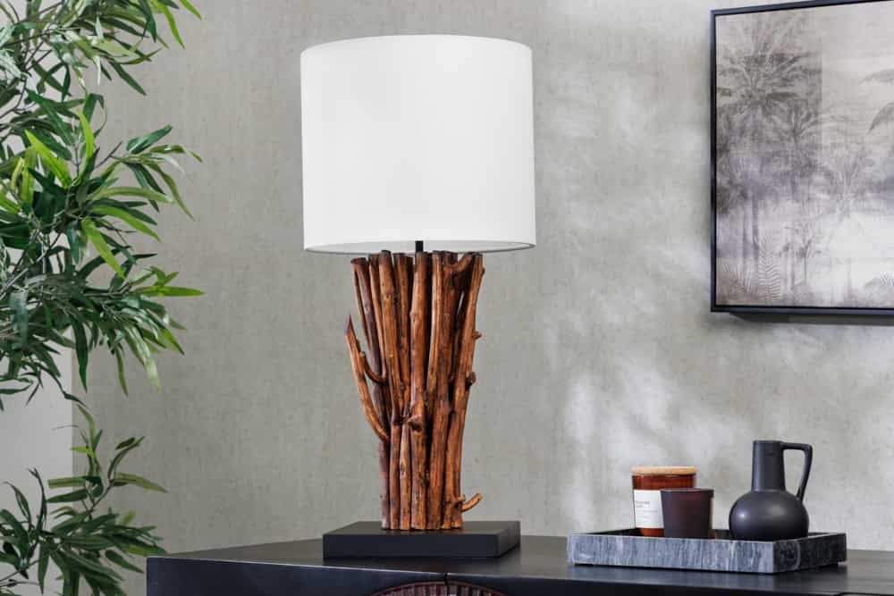 Design Tischlampe EUPHORIA 60cm natur weiß rund Massivholz handgearbeitet