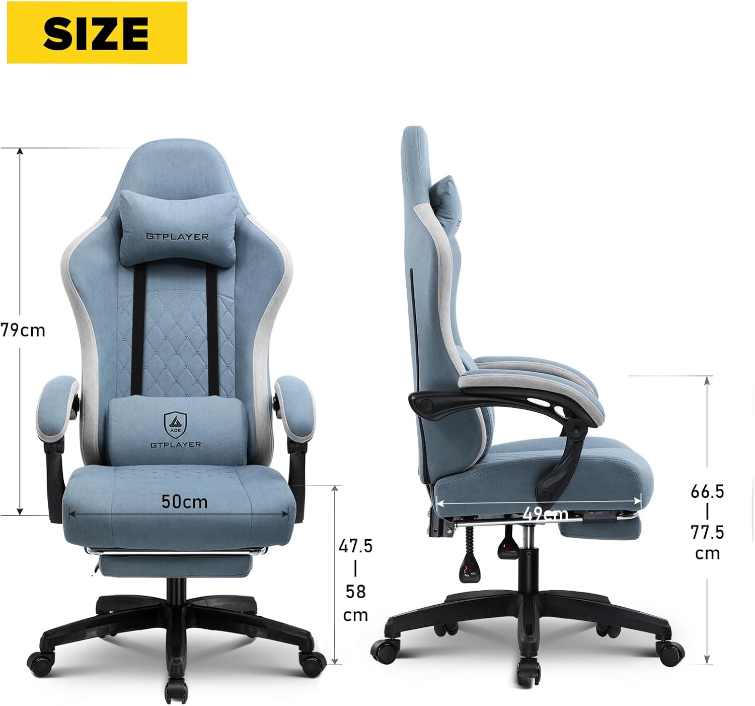 GTPLAYER Gaming Stuhl Ergonomischer Gaming Sessel Schreibtischstuhl mit Stoffoberfläche, Federsitzkissen, Verbindungsarmlehnen und Fußstütze Hellblau