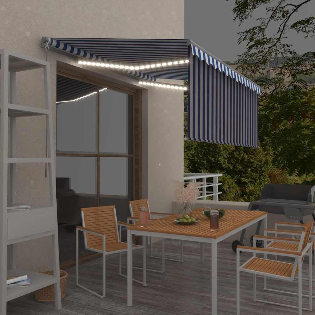 vidaXL Gelenkarmmarkise Einziehbar mit Jalousie LED Markise Sonnenmarkise Balkonmarkise Sonnenschutz Sichtschutz Garten Balkon Terrasse 3x2,5m Blau Weiß