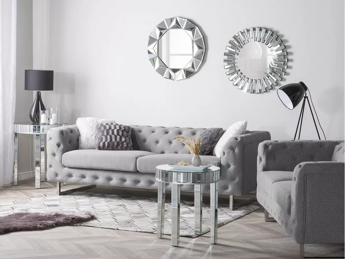 Canapé style Chesterfield en tissu gris clair VISSLAND
