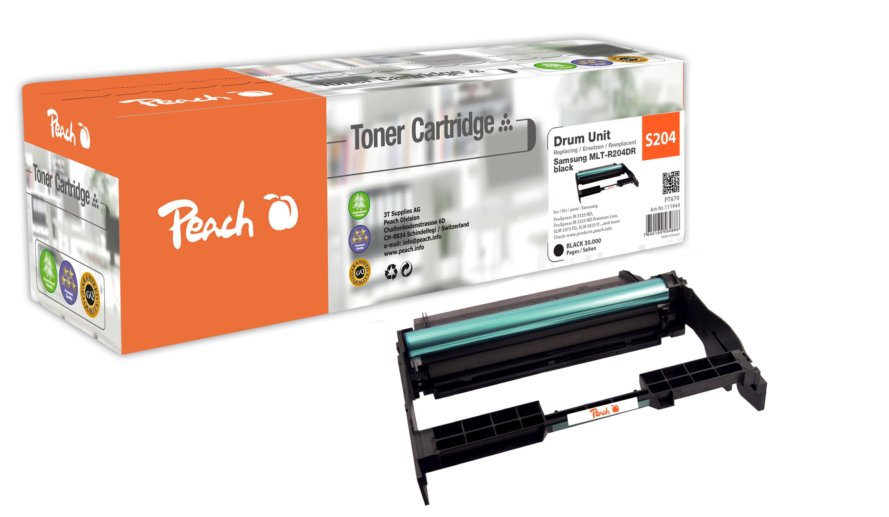 Peach S204Trommeleinheit bk ersetzt Samsung MLT-R204, SV140A für z.B. Samsung ProXpress M 3325 ND, Samsung ProXpress M 3325 ND Premium Line (wiederaufbereitet)