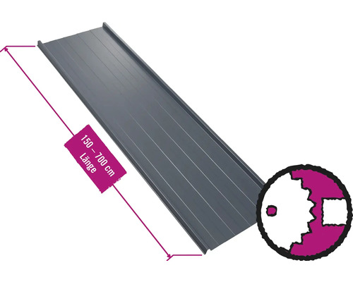 PRECIT trapeziumvormige dakbaan met anticondensvlies W33LV antracietgrijs RAL 7016 vaste breedte 548 mm x dikte 0,5 mm (verkocht per meter van 150 tot max. 700 cm)