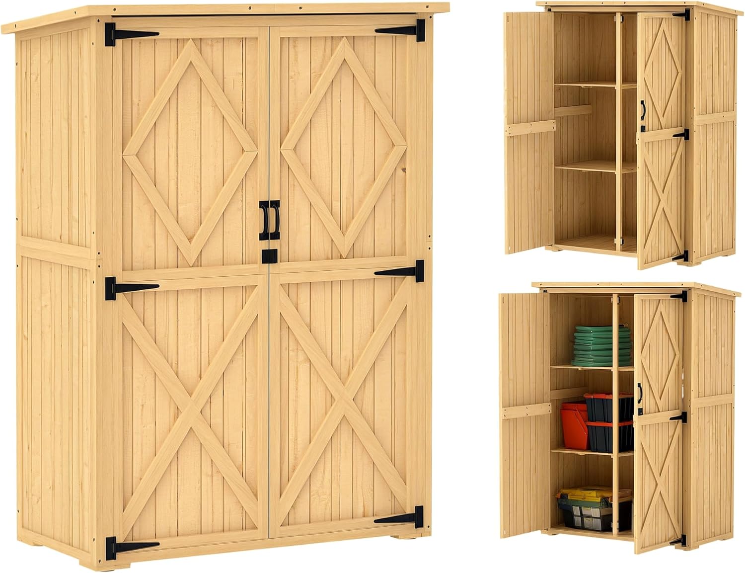 Outsunny Gartenschrank Holz, Geräteschuppen mit Abschließbar Doppeltür Asphalt-Dach Ablage 116,5x57x167cm, wetterfest Geräteschrank, Gerätehaus Gartenschuppen für Garten, Terrasse, Naturholz
