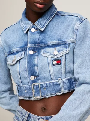 Jaqueta jeans cropped com cinto na cintura