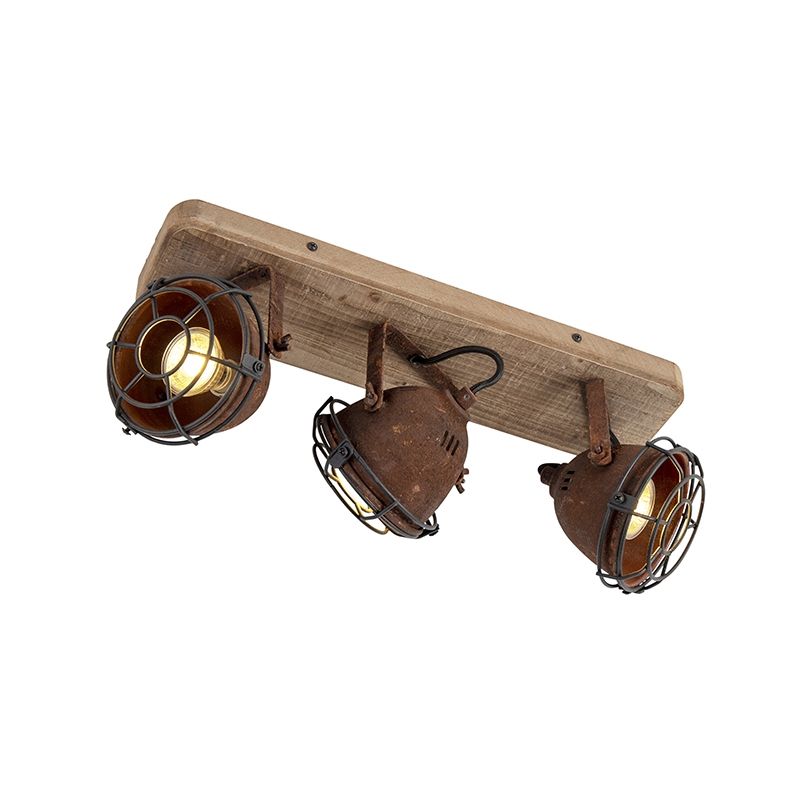 Industriële spot roestbruin met hout kantelbaar 3-lichts - Gina