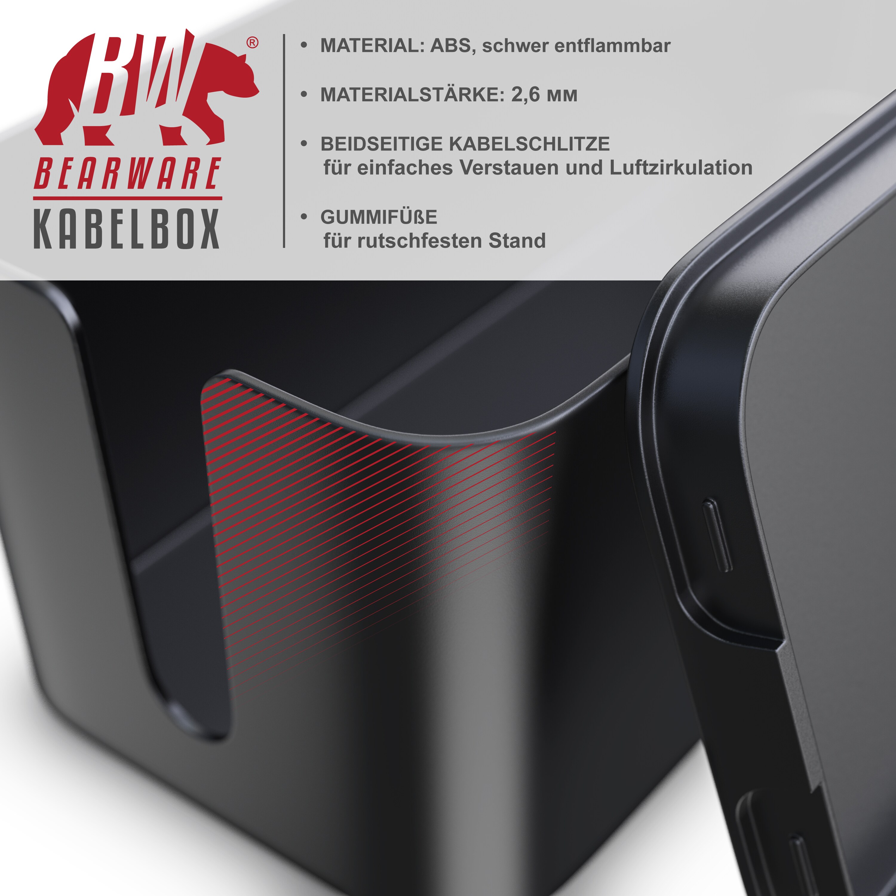 BEARWARE Kabelbox, Kabel Box mit Gummifüßen - Kabelmanagement / dezente Optik / Ladebox