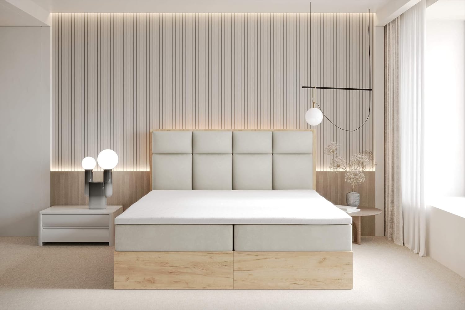 TRADA Boxspringbett 160x200 cm - mit Bettkasten und Taschenmatratze - Selva - Bett mit Topper - Boxspringbett mit Holzelemente - Weiß