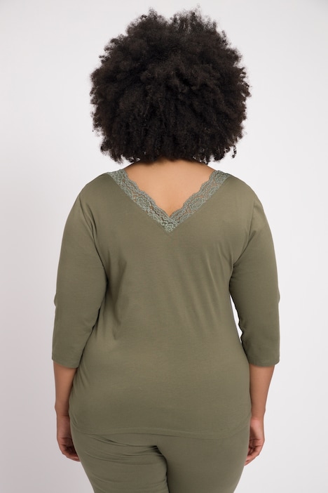 Pyjamashirt, Spitze, V-Ausschnitt, 3/4-Arm