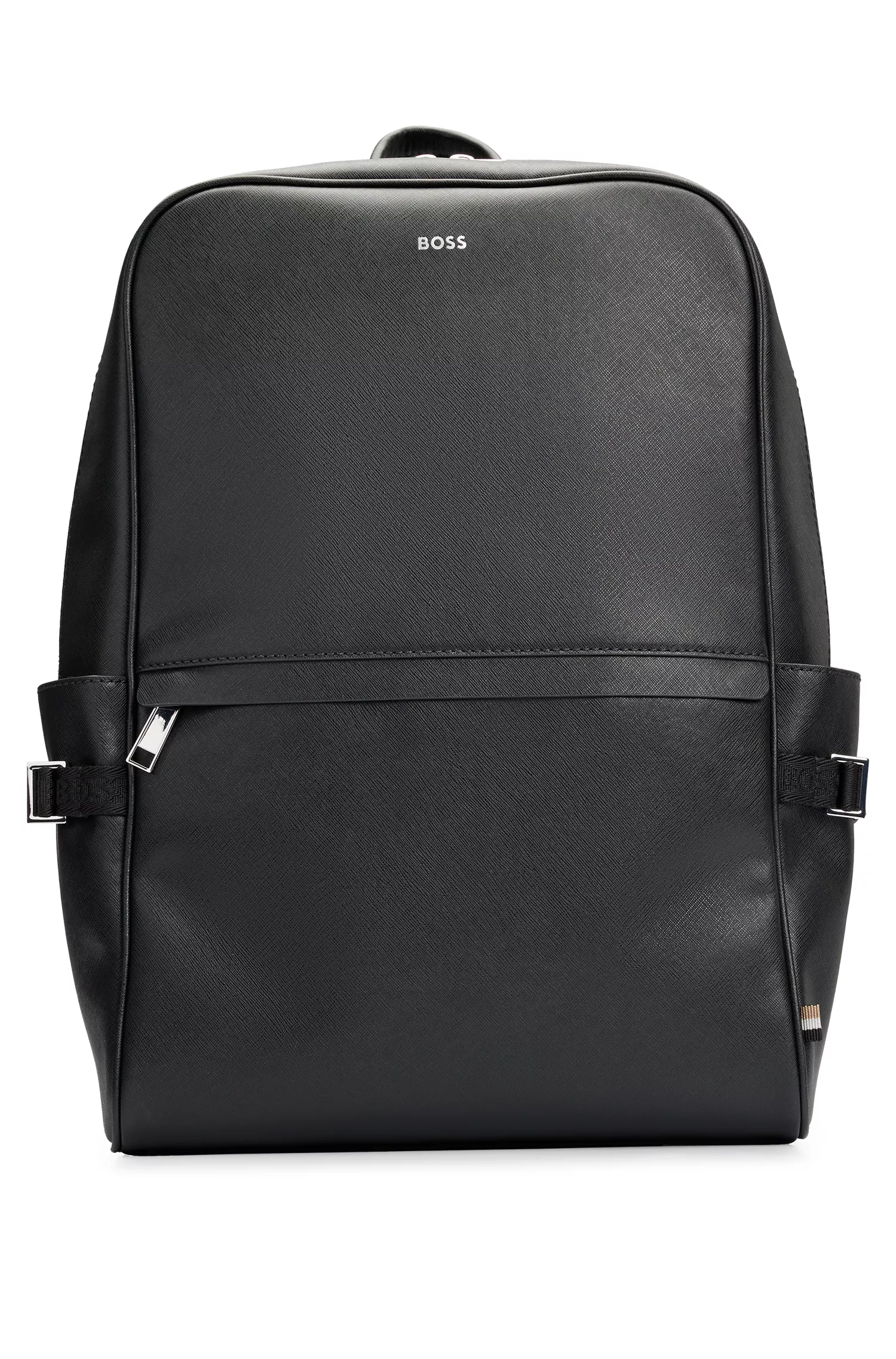 Mochila BOSS preta com listra característica e detalhe do logotipo