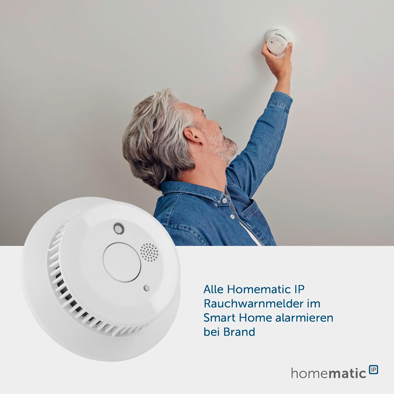 Homematic IP Smart Home Rauchwarnmelder mit Q-Label, Rauchmelder alarmiert lokal über die Sirene und per Push-Benachrichtigung in der Smartphone-App, integrierte LED-Notbeleuchtung, 156587A0