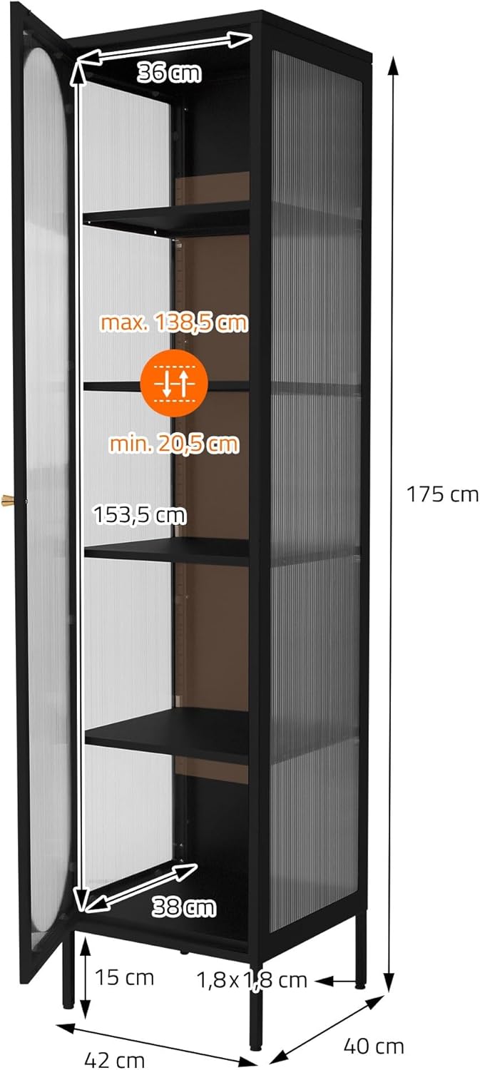 ML-Design Vitrinenschrank 42x175x40 cm, Schwarz, Schmale Vitrine mit 5 Ablagen und 1 Tür, Wohnzimmer Metallschrank aus Stahl, Industrieller Stil, Hochschrank Bücherschrank Aktenschrank Büroschrank