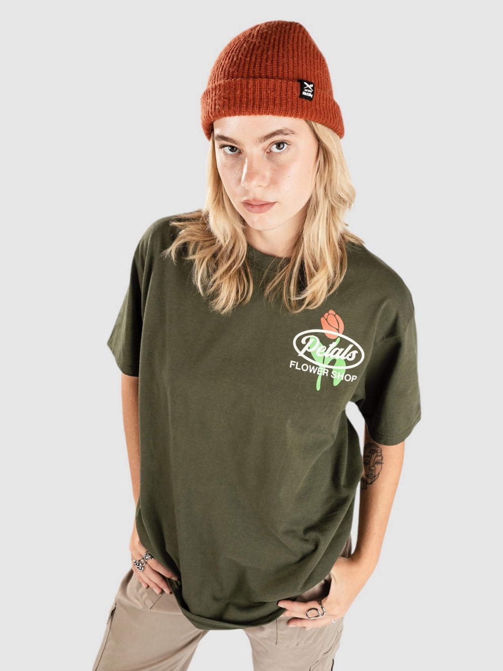 Petals and Peacocks Flower Shop T-Shirt olive