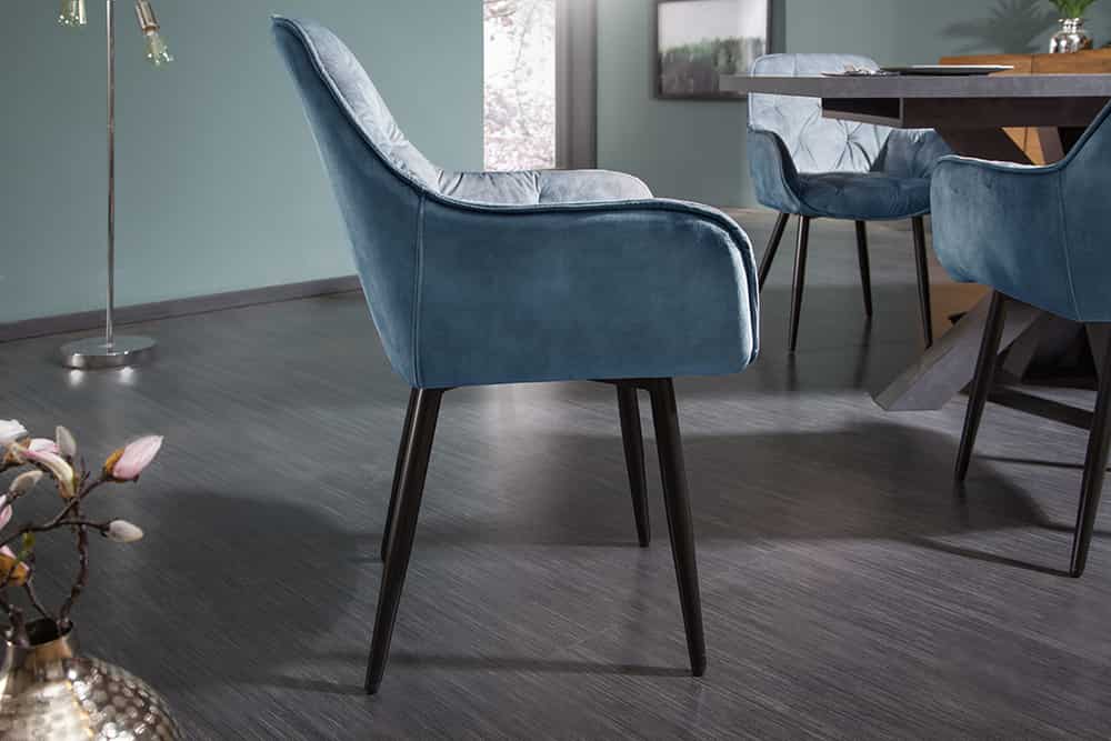 Design Stuhl MILANO petrol Samt mit Armlehne Ziersteppung gepolstert schwarze Metallbeine