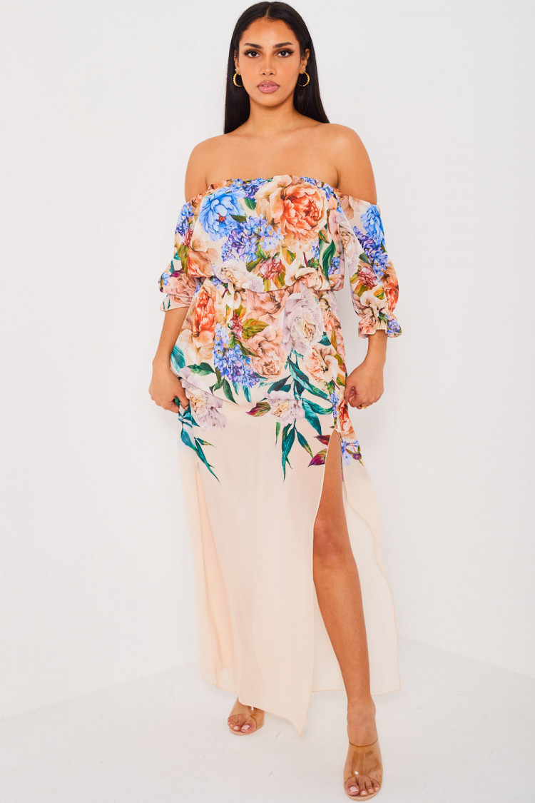 Robe beige longue en voile à fleur