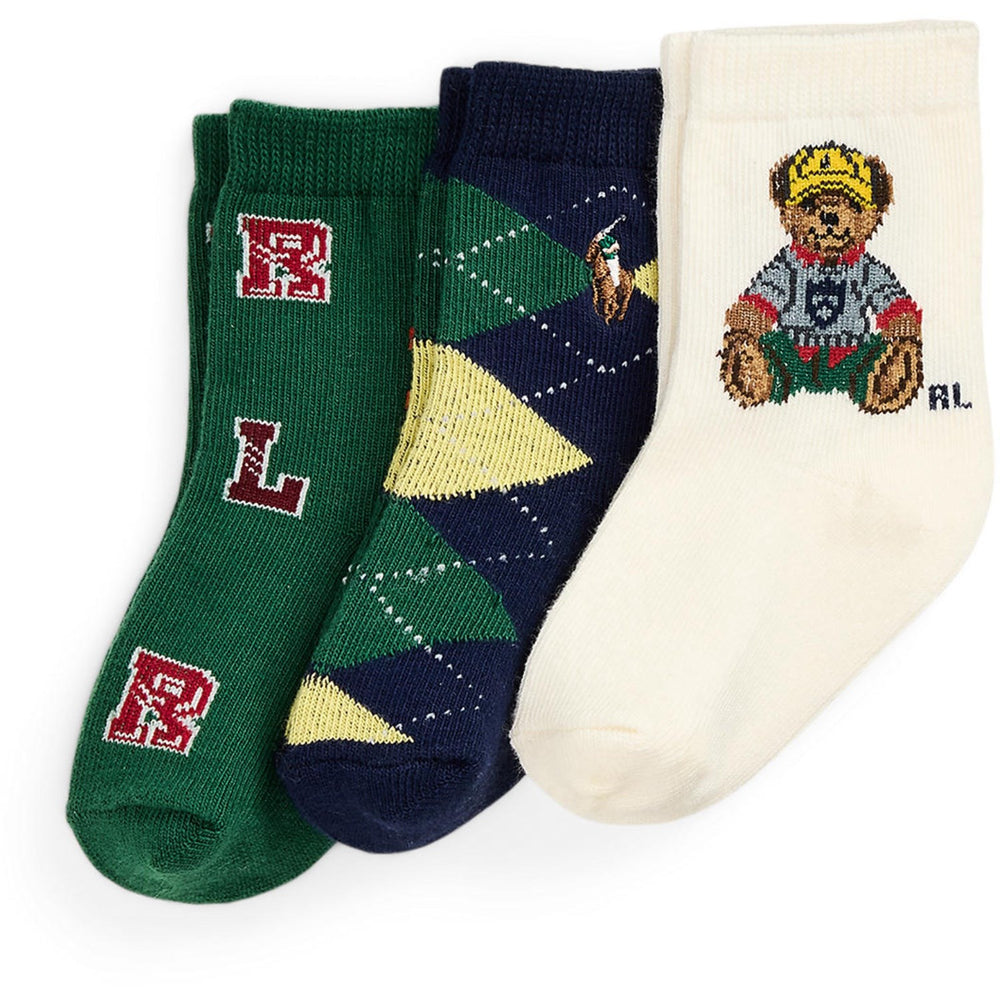 Køb Ralph Lauren Baby Ivory/Navy/Green Baby Boy Crew Strømpe 3-Pak