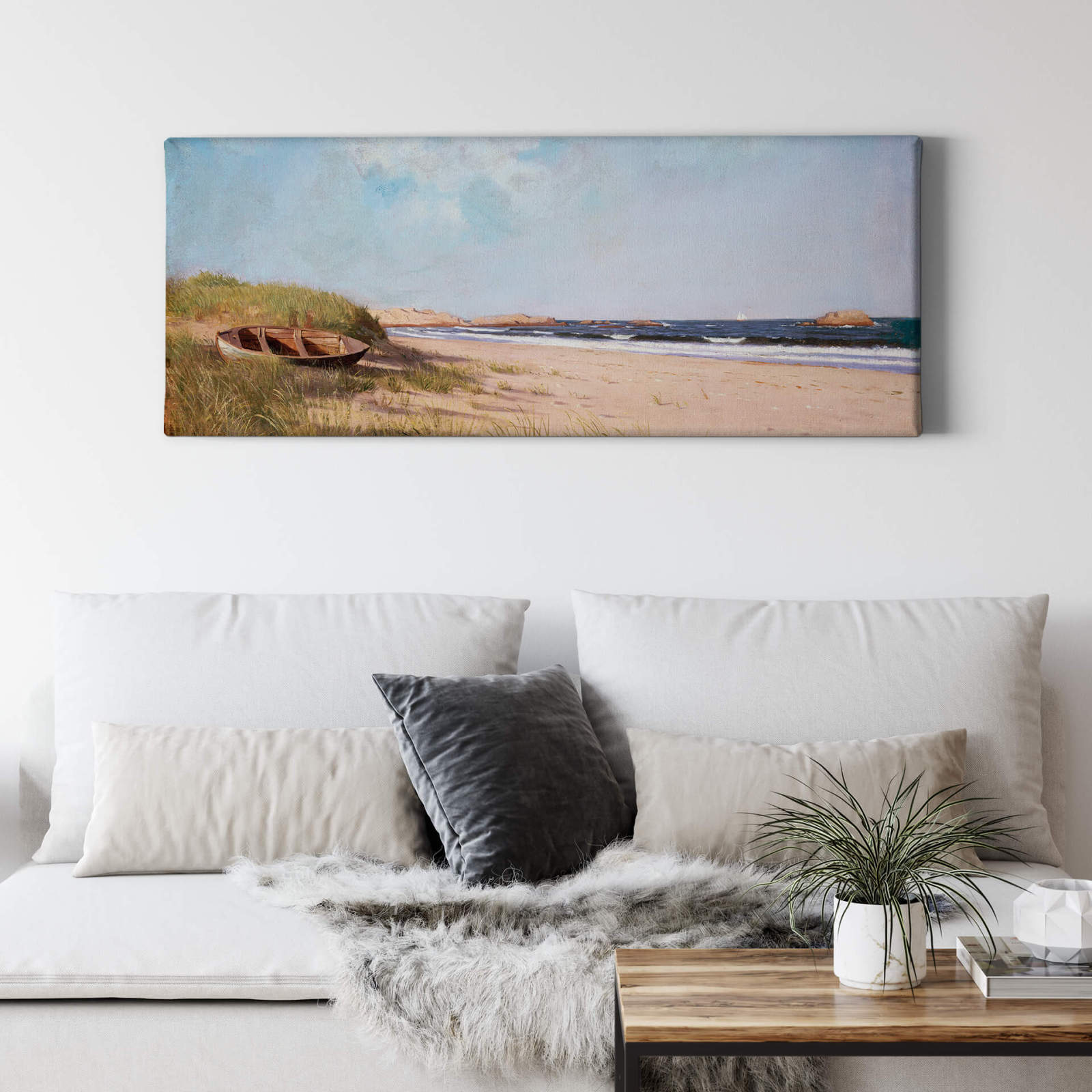 Leinwandbild AM STRAND - beige-blau - 100x40 cm