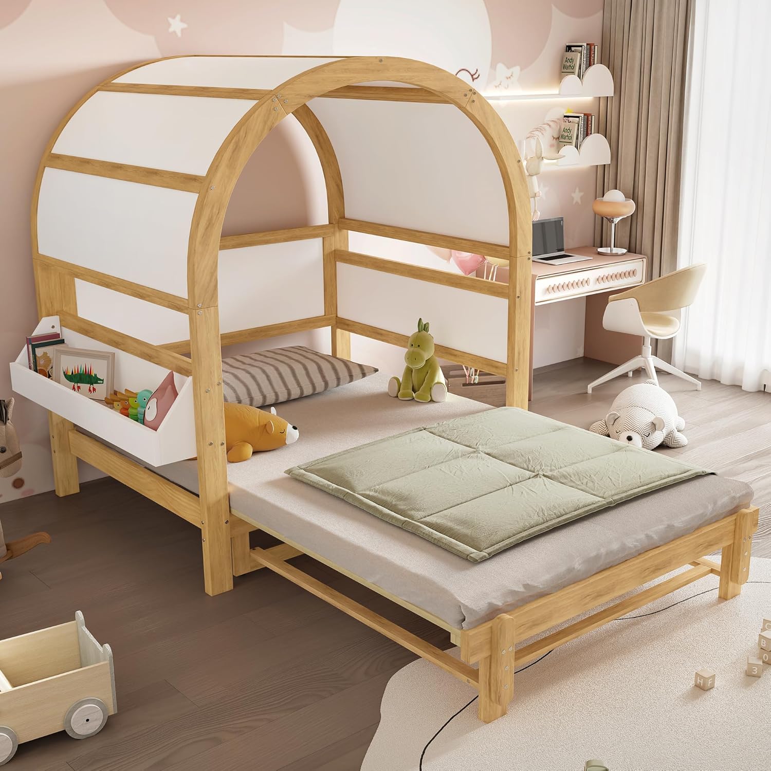 Merax Hausbett mit Dach, Niedliches Kinderbett mit Kleine seitliche Ablagefläche, Schiebebett Tagesbett, Erweiterbares Gewölbtes Dachbett, Holzbett mit Lattenrost, Kiefer+MDF, Weiß & Natur, 140x200cm