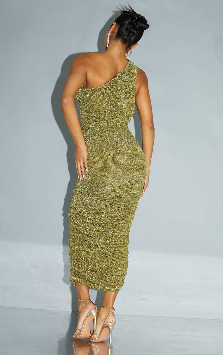 Doré Robe Midi Plissée À Paillettes Froncée Asymétrique