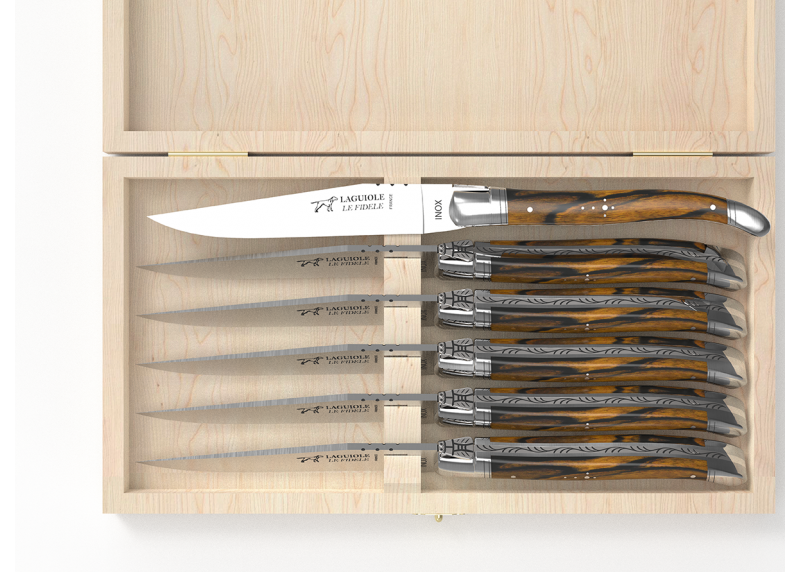 Service de 6 couteaux Laguiole avec un manche en bois d'ébène royal et mitres en acier inoxydable