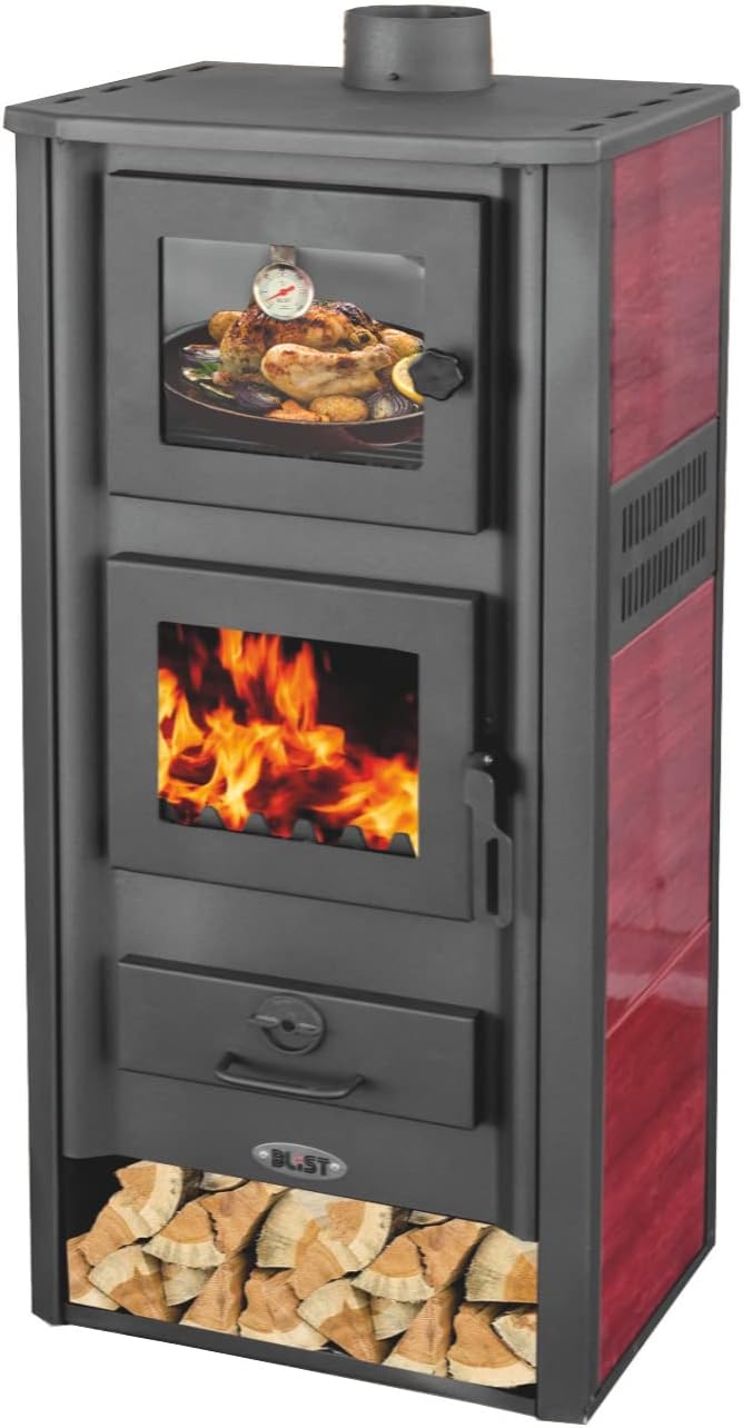 Kaminofen mit Backfach Rot Holzofen 12,1 kW Kamin Ambasador Ofen Dauerbrandofen Werkstattofen Schwedenofen Hüttenofen Heizofen