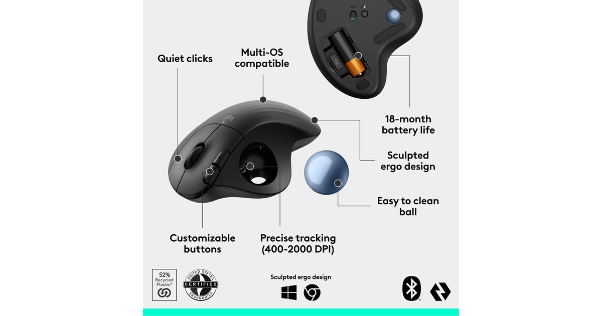 LogitechERGO M575S Wireless Trackball Mouse  (Grafiet, 400 - 2000 Dpi, Bluetooth Low Energy / 2,4 GHz USB)