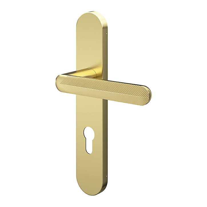 Ensemble poignée sur plaque rondcylindre GoodHome Garlan effet laiton satin doré L.125mm x l.42mm entraxe 165-195mm