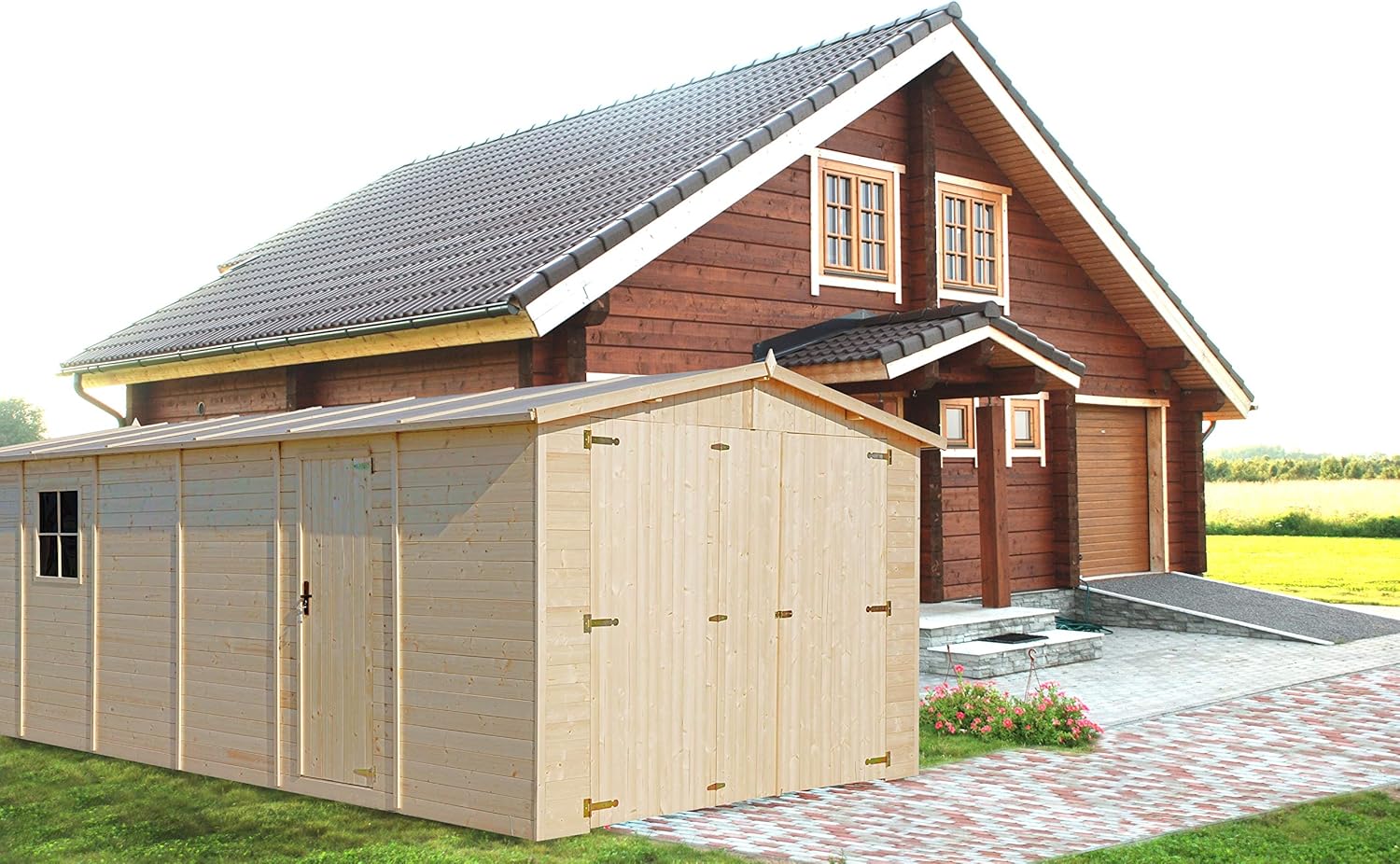 Holzgarage - Abstellraum mit Fenstern- H222x616x324 cm /18 m2 - Plattenkonstruktion aus Naturholz - Gartenwerkstatt - Auto- und Geräteschuppen -TIMBELA M102