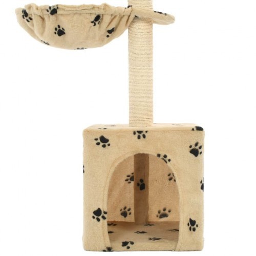 Arranhador para gatos com poste de sisal, bege, com estampa de patas.