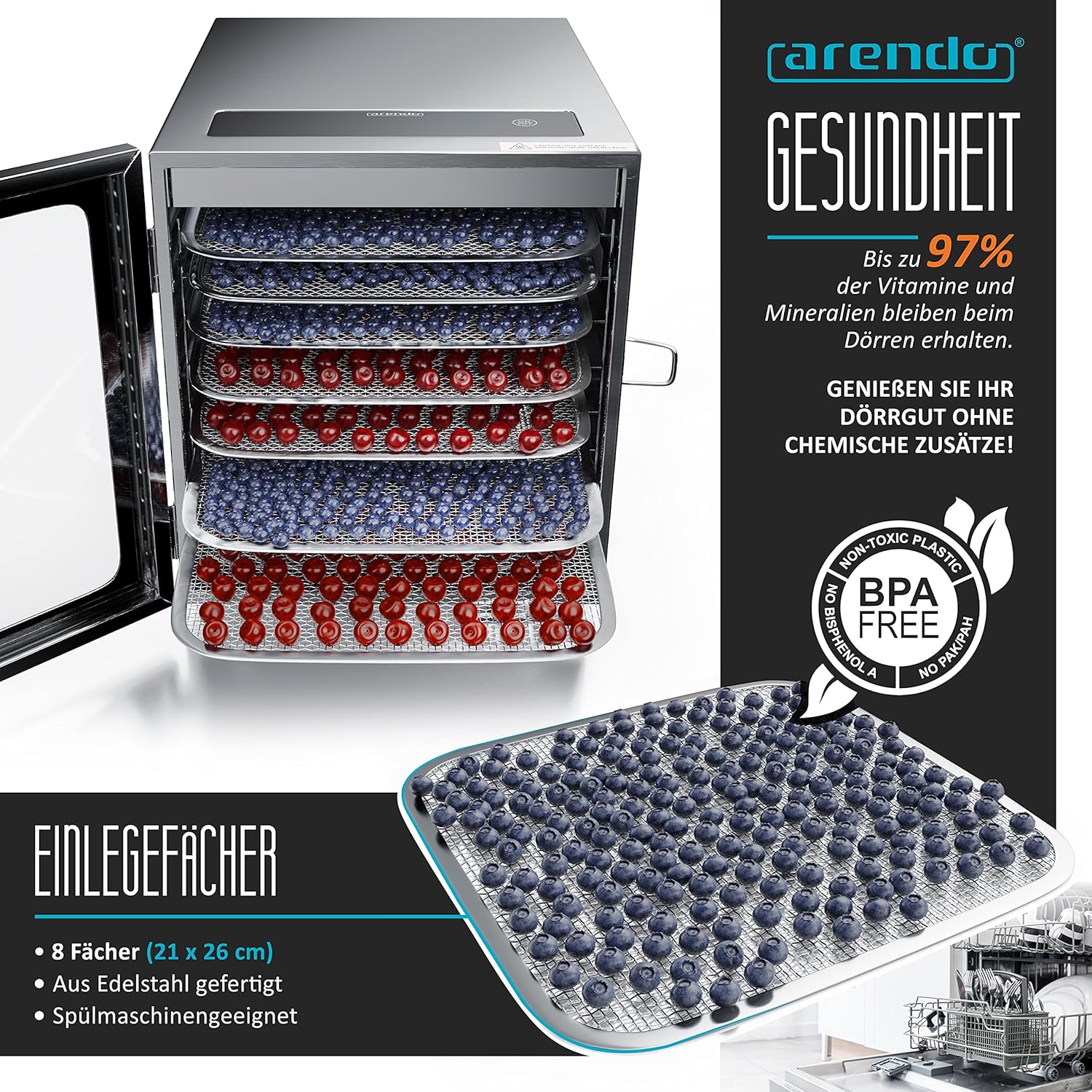 Arendo - Edelstahl Dörrautomat 8 fach - 500 Watt mit Temperaturregler - Dörrgerät für Lebensmittel Fleisch Früchte Obst Pilze - Timer bis zu 24 h - 8 Einlegefächer - GS - Dehydrator