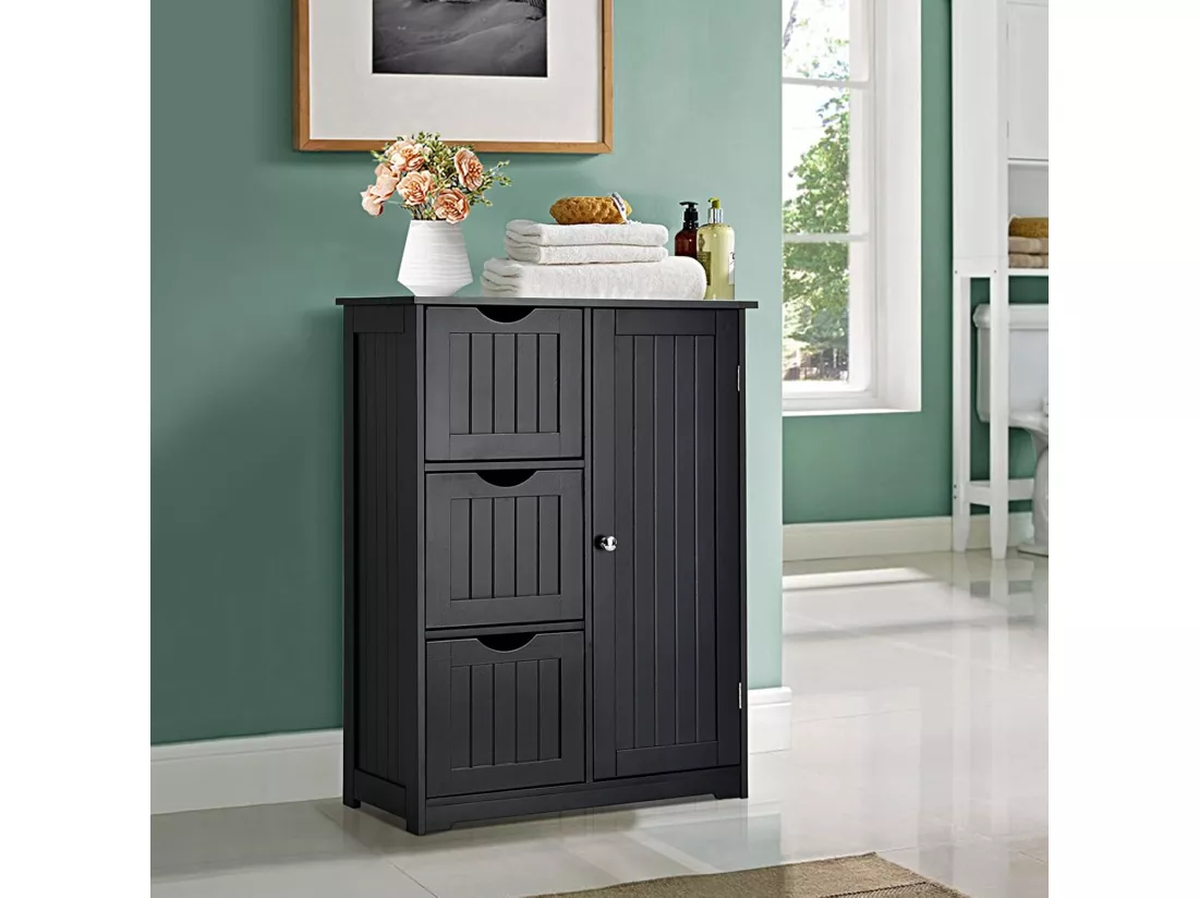 Meuble de Salle de Bain avec 3 Tiroirs, 1 Placard, Rangement Salle de Bain Étagère Réglable pour Salon, Chambre, Entrée, 58x28x81cm (3 Tiroirs - Noir)