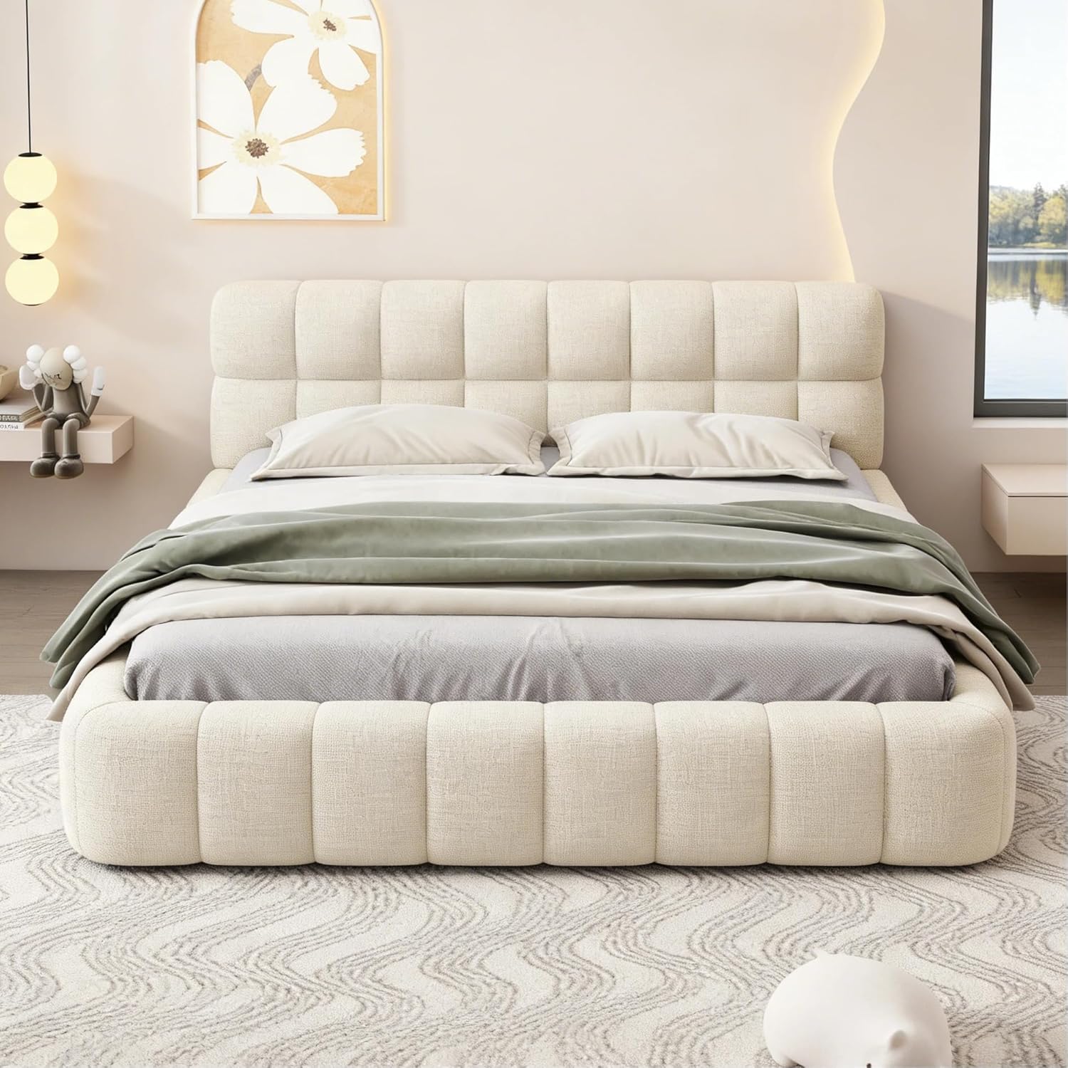 Polsterbett 160x200 cm Bubble Bett, Doppelbett mit Weiches Kopfteil, Jugendbett, Bettgestell mit Lattenrost, Leinen, ohne Matratze (Beige, 160 x 200 cm)