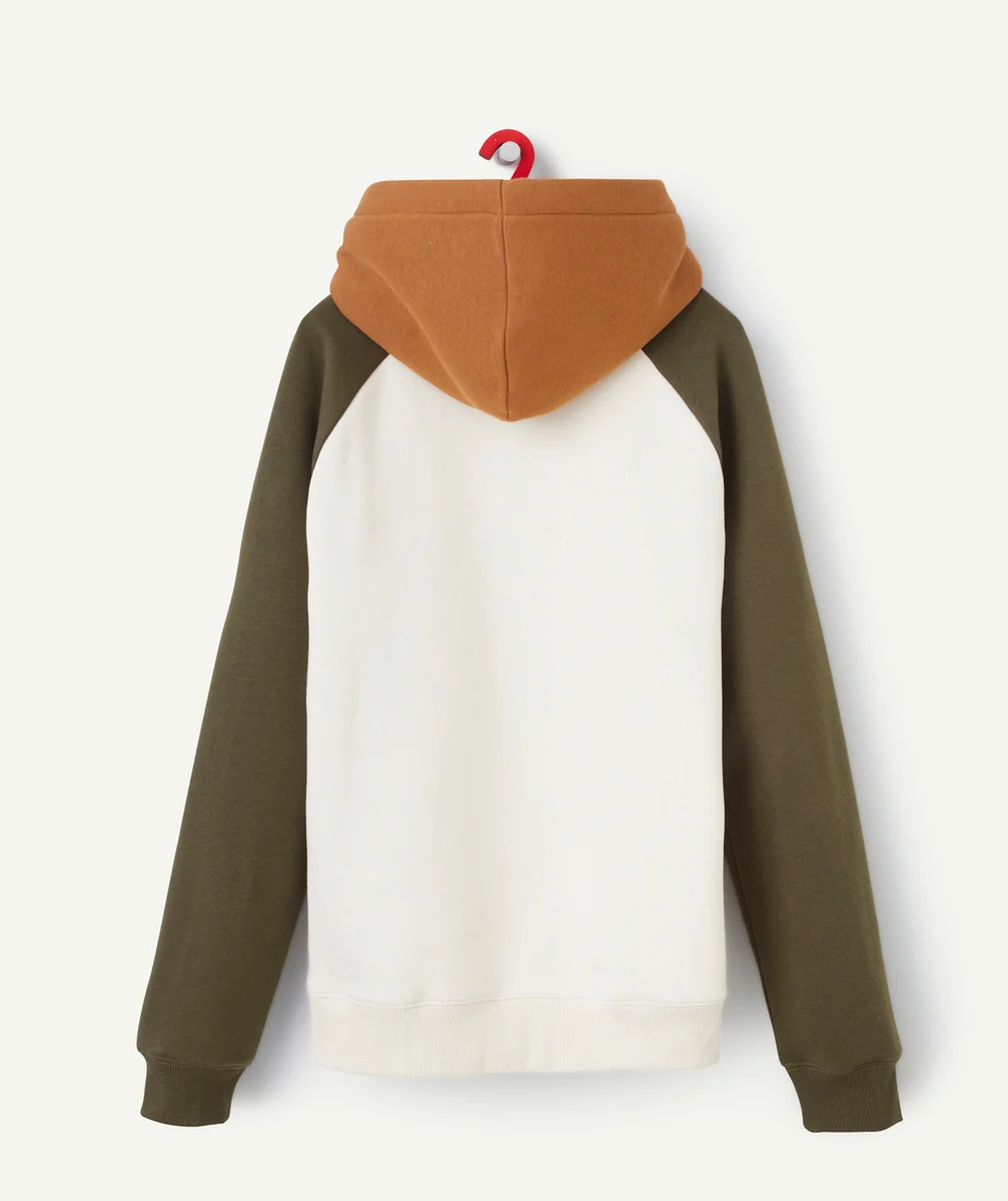 SWEAT À CAPUCHE GARÇON EN FIBRES RECYCLÉES ÉCRU KAKI ET MARRON AVEC MESSAGE