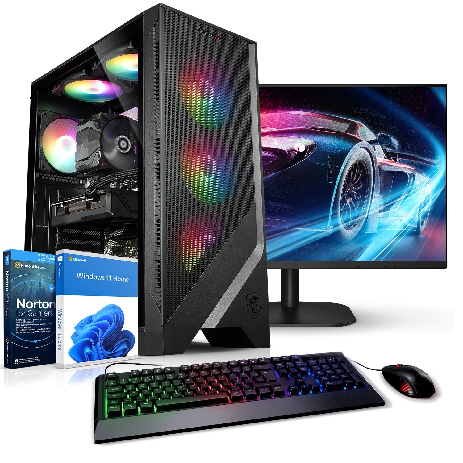 PC Set Gaming mit 27 Zoll TFT Total V AMD Ryzen 5 5500, 64GB DDR4, NVIDIA RTX 4060 8 GB, 1TB SSD, WLAN, Windows 11