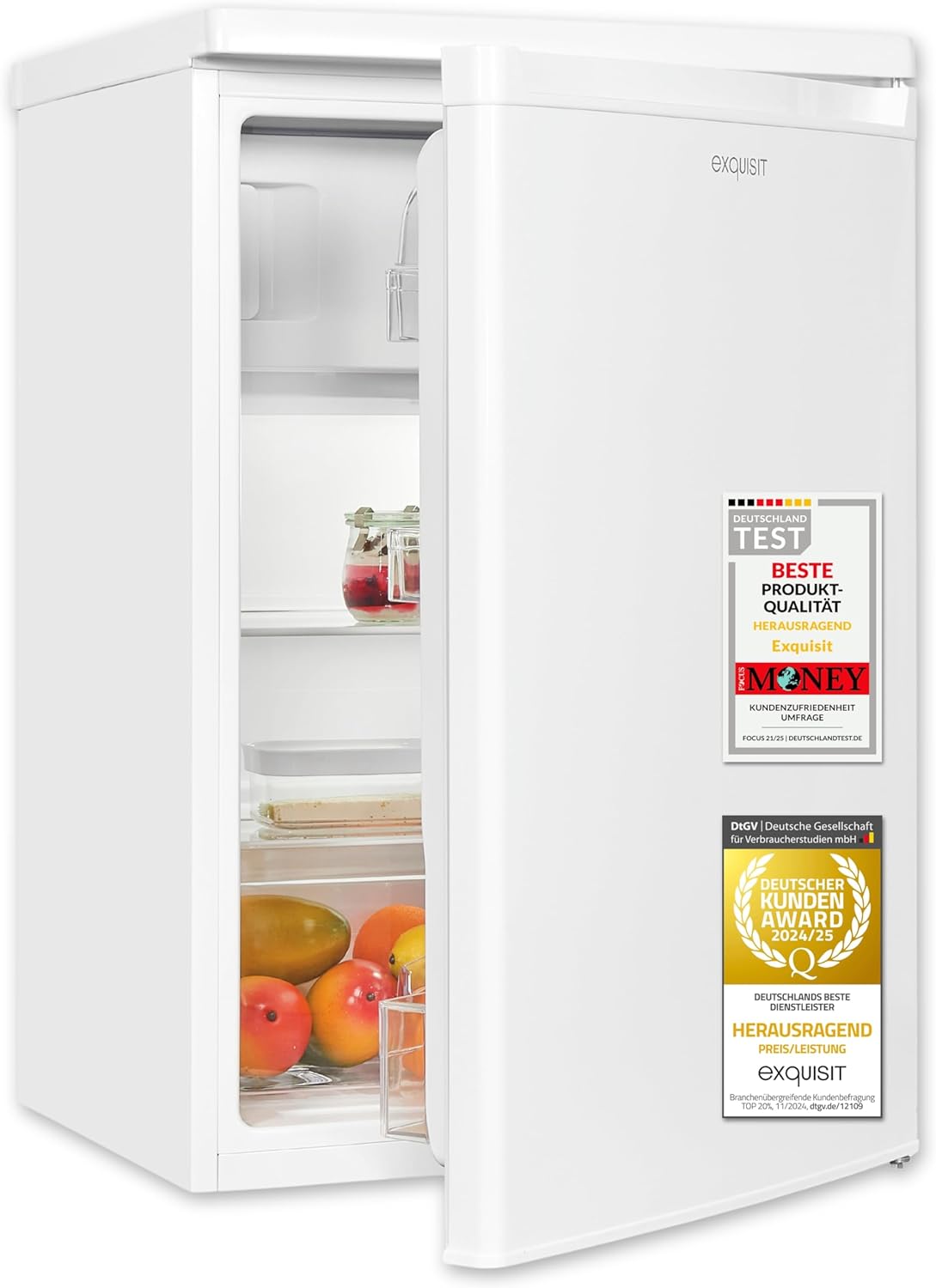 Exquisit Kühlschrank mit Gefrierfach | 109 l Nutzinhalt, Energieklasse E, 40 dB(A) | kompakte Bauform, 4-Sterne-Gefrierfach, LED-Beleuchtung, manuelle Abtauung | KS516-4-E-040E weiss