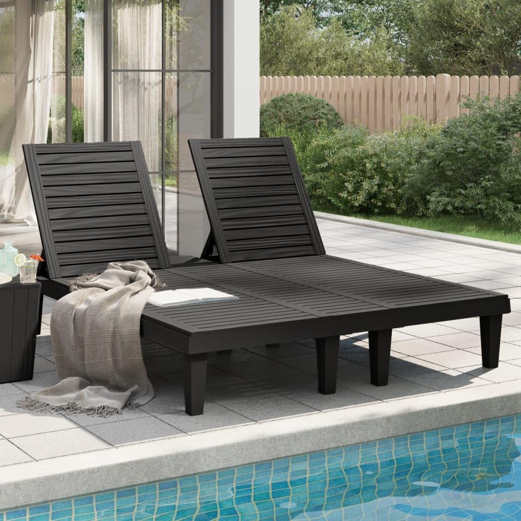 Doppel-Sonnenliege Schwarz 155x138x83 cm Polypropylen mit Verstellbarer Rückenlehne in Holz-Optik für Garten und Terrasse, langlebiges wetterfestes Material, Bequeme