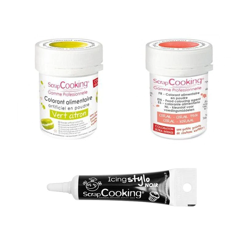 2 colorants alimentaires vert citron-corail + Stylo glaçage noir Scrap