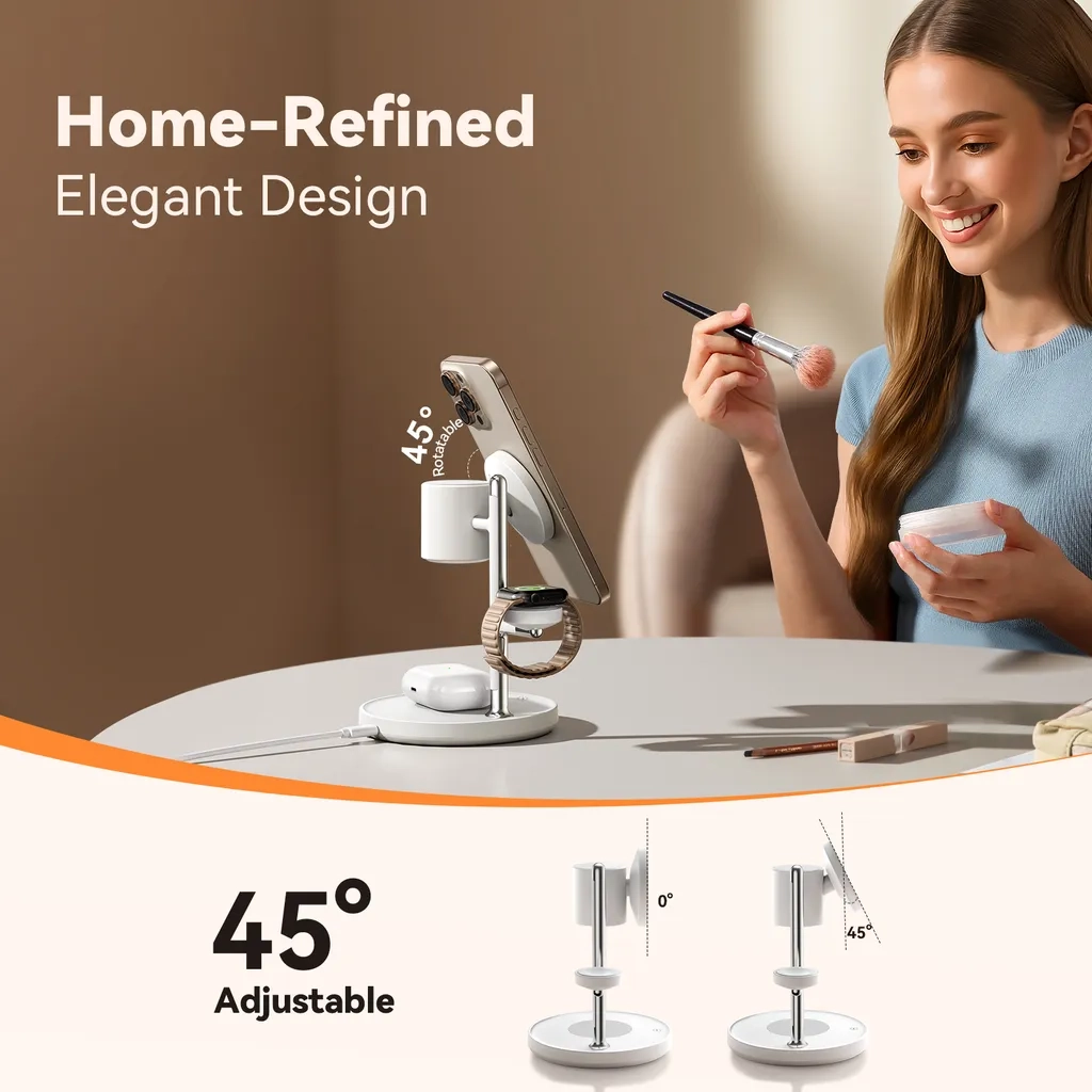 (15W) 4in1 Qi2 Wireless Charger Fast Charging Ladegerät Ladestation mit LED Beleuchtung Nachtlicht (JR-W23) - Weiss