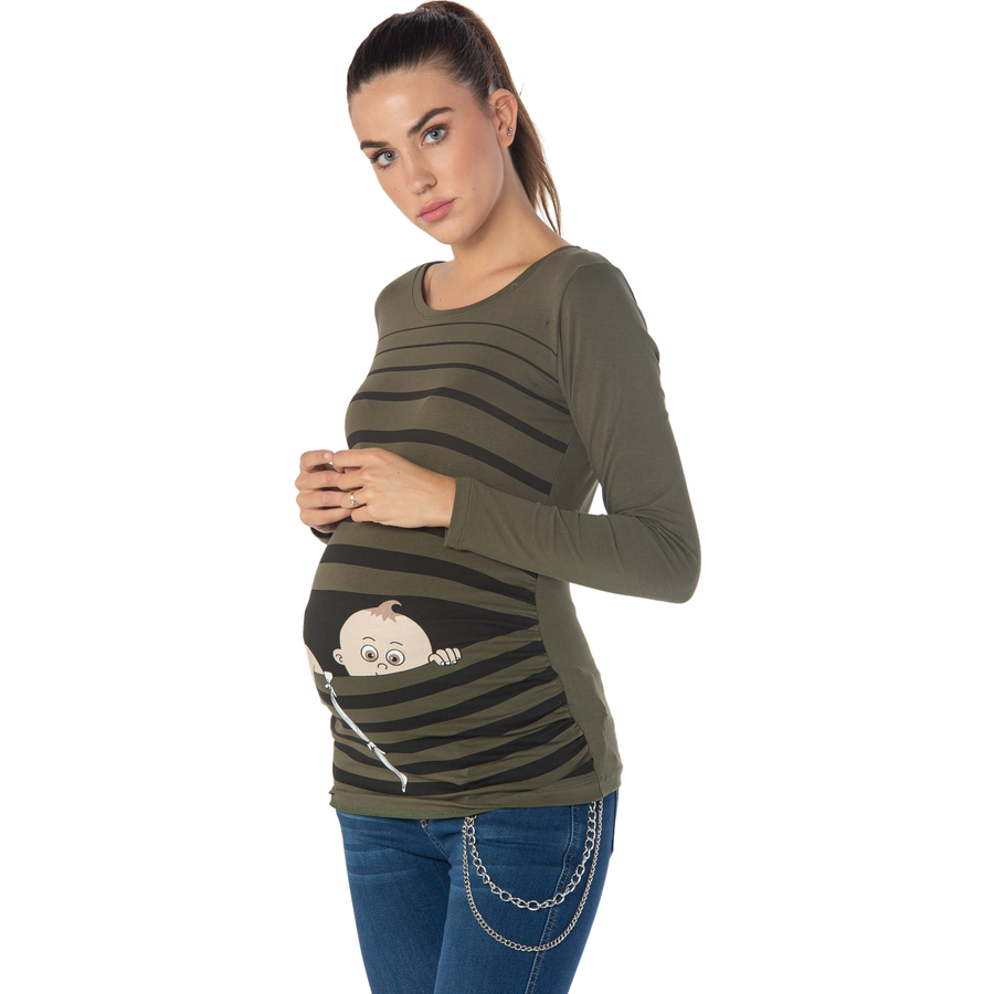 M.M.C. Umstandslangarmshirt Baby Flucht mit Motiv Khaki