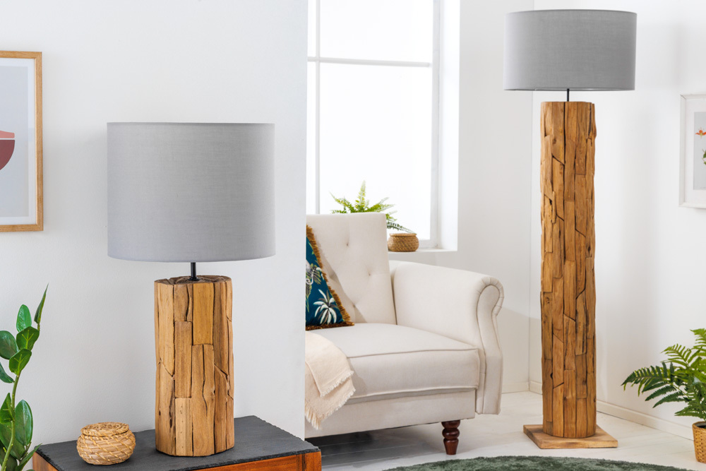 Design Tischlampe ROOTS 60cm Treibholz Leinenschirm grau handmade