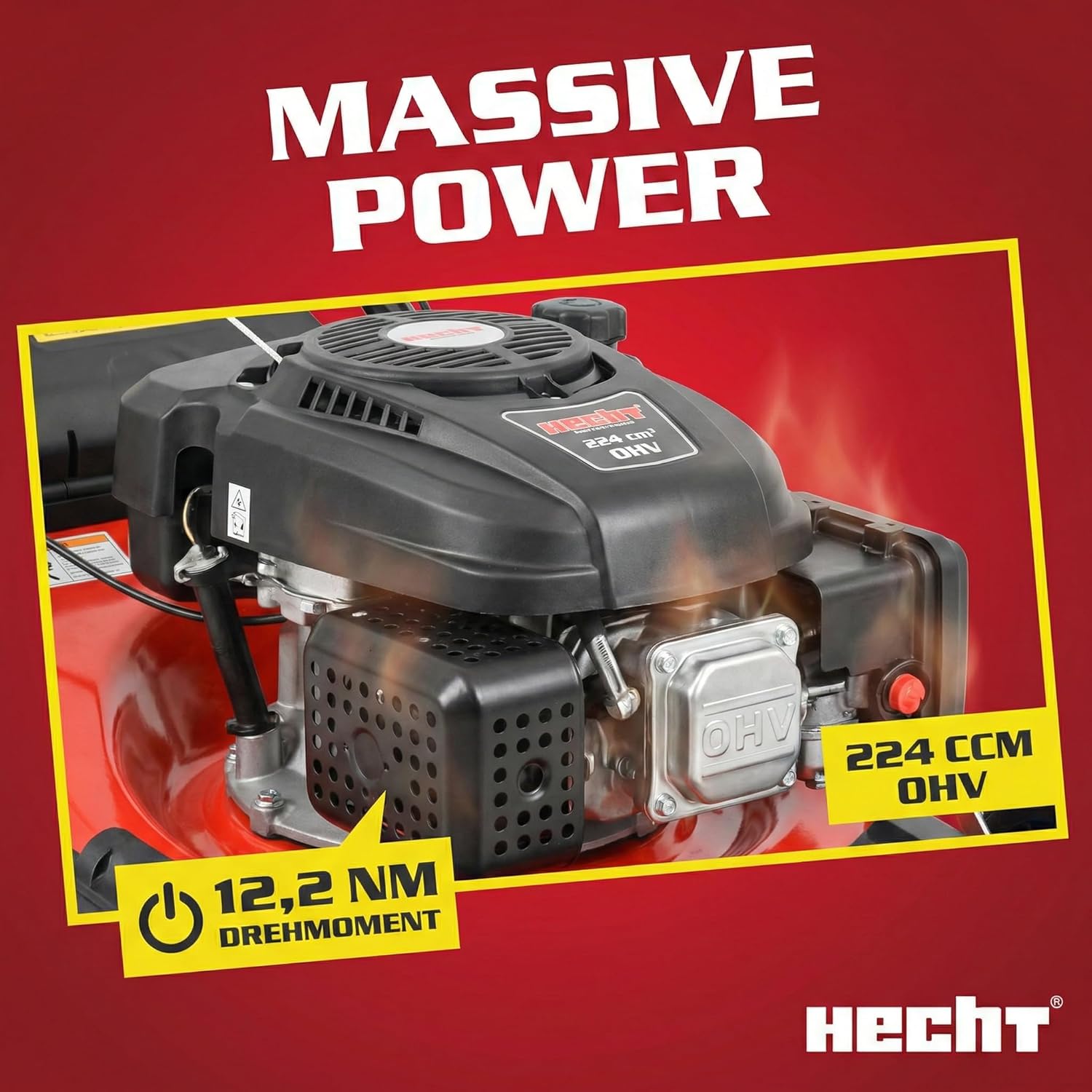 HECHT 5-IN-1 Benzin Rasenmäher – leistungsstarker 4 Takt Eco Motor 4,4 kW (6,0 PS) – Seilzug Starter – mit 53 cm Schnittbreite – 75 l Fangkorb – Radantrieb – patentierte Räder – EasyClean – Mulchmäher