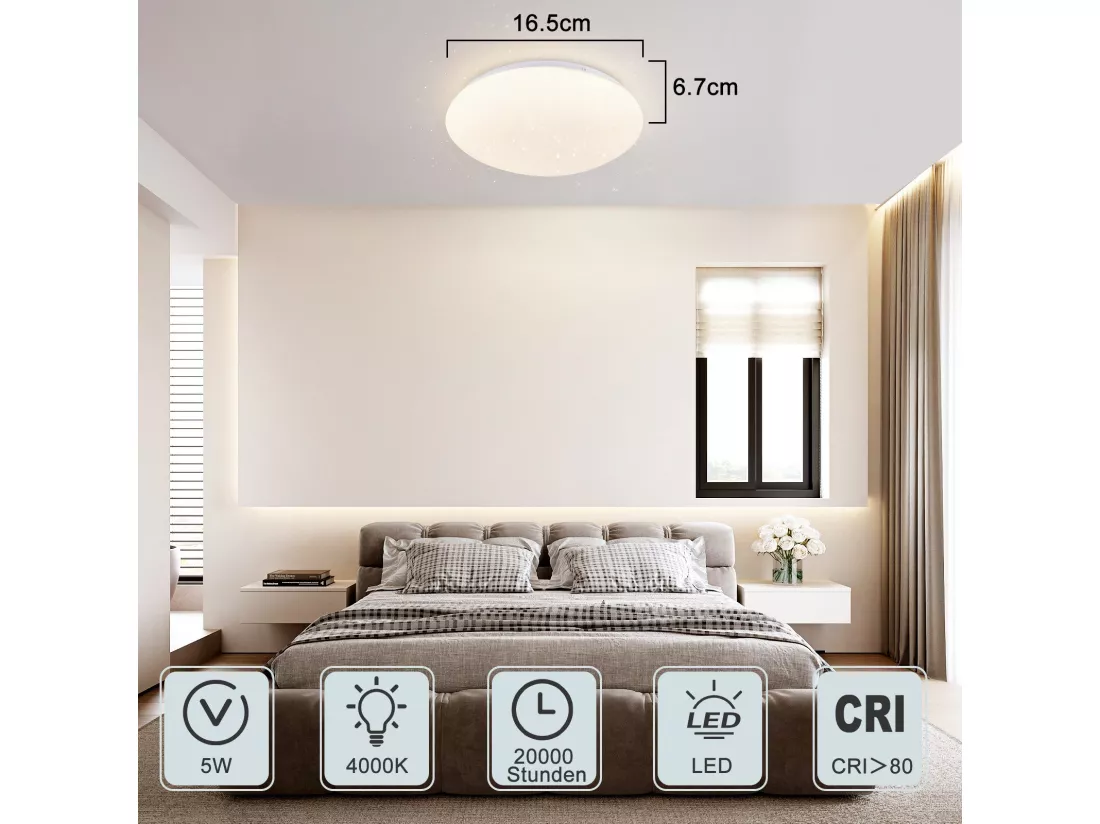 NETTLIFE Plafonnier LED Salon - Ø 16,5 cm, 4000 K, 5 W, Blanc Neutre, Couloir, Chambre Enfant