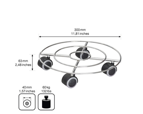 Wagner plantenroller met vloerbeschermende zachte wielen, chroomstaal, Ø 30 cm, max. draagvermogen 60 kg