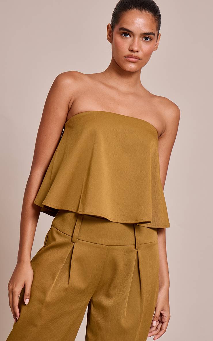 Vert Olive Foncé Ensemble Coordonné Bandeau Fluide Tissé Ajusté