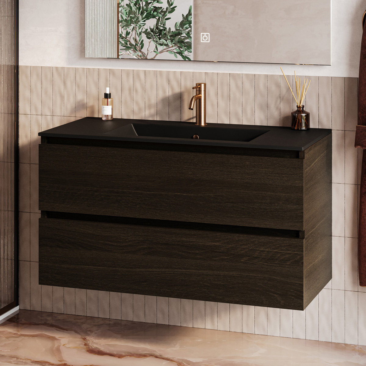 Fontana Rovigo badmeubel 100cm met zwarte wastafel en kraangat kasteel bruin