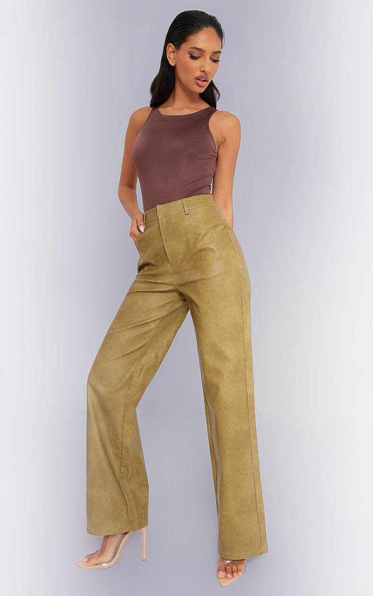 Vert Olive Pantalon Droit Premium En Synthétiquecuir Lavé