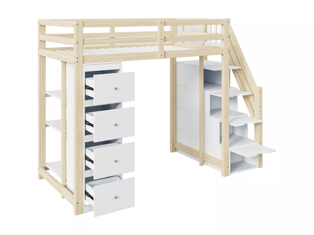 Lit mezzanine 90x200cm en bois massif - avec 4 tiroirs et escalier de rangement - Naturel (matelas non inclus)