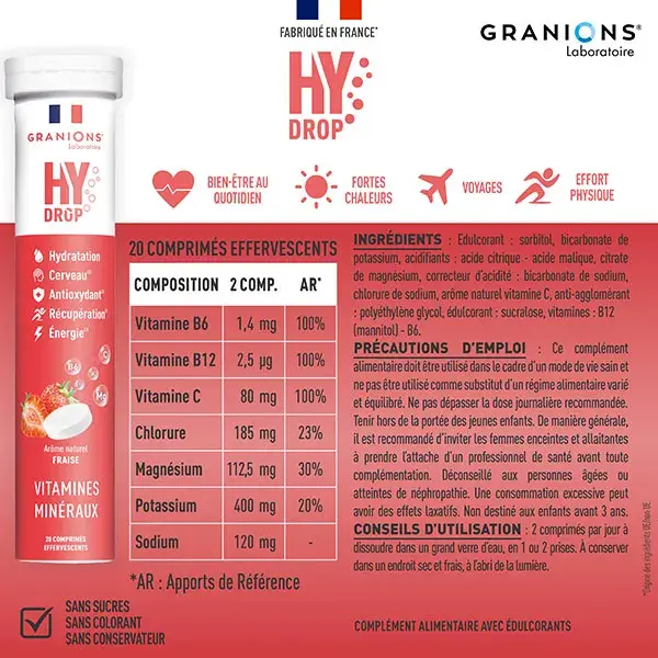 GRANIONS HYDROP Eletrólitos - Vitamina C, Magnésio, Minerais - Morango