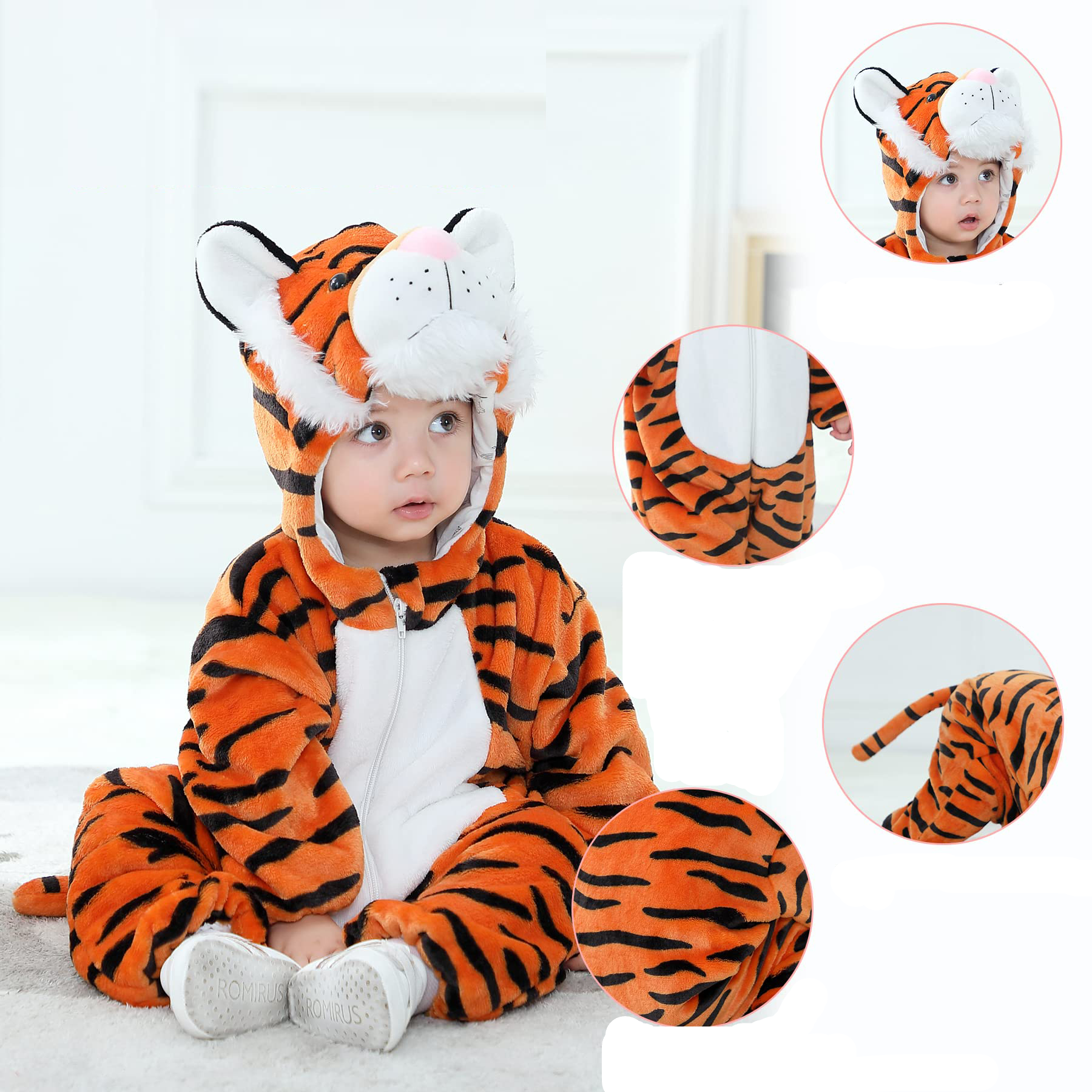 (75-80cm) Fasnachts Kinder Kostüm Warmer Tiger Plüsch Overall Verkleidung für Motto Partys / Halloween - Orange / Schwarz